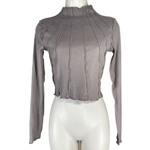 Exposed Seam Mock Neck crop Top W/M Taupe Ribbed NWOT